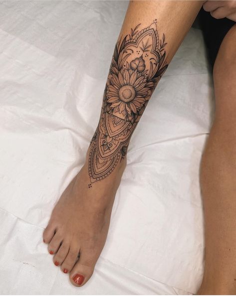 Ankle Shin Tattoos For Women, Lotus Knee Tattoo, Mandela Leg Tattoos, Ladies Shin Tattoo, Mandala Tattoo Legs For Women, Mandala Lower Leg Tattoo, Front Calf Tattoos For Women, Womens Shin Mandala Tattoo, Tattoo Foot Woman