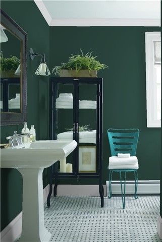 Look at the paint color combination I created with Benjamin Moore. Via @benjamin_moore. Wall: Hunter Green 2041-10; Trim: Marilyn's Dress 2125-60; Chair: Teal Ocean 2049-30. Best Bathroom Colors, Painting Walls, Bathroom Paint Colors, Paint Colors Benjamin Moore, Diy Bathroom Remodel, Black Furniture, Bathroom Colors, Wallpaper Bedroom, Painting Bathroom