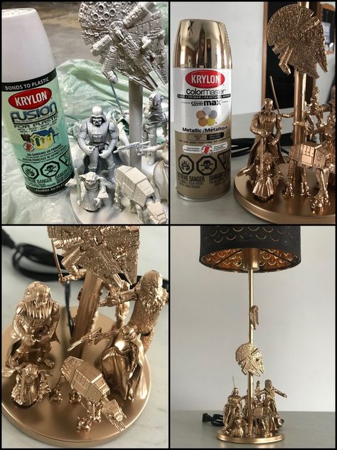 Star Wars action figure lamp DIY Star Wars Lamp Diy, Star Wars Themed Home Office, Starwars Living Room Decor, Star Wars Home Decor Diy, Diy Gifts For Star Wars Fans, Nerdy Diy Home Decor, Star Wars Dresser Diy, Star Wars Room Ideas Man Caves, Star Wars Furniture Diy