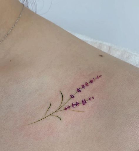 Lavender Sprigs Tattoo, Lavender Tattoos, Tiny Flower Tattoos, Small Chest Tattoos, Garden Tattoos, Colour Flowers, Lavender Tattoo, Flower Tattoo Back, Beautiful Flower Tattoos