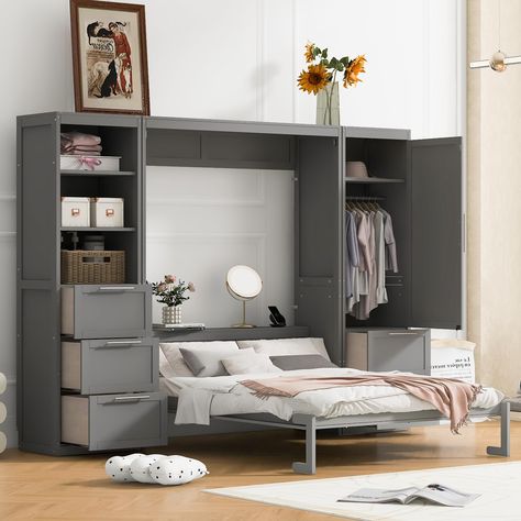 Bed With Closet, Queen Size Murphy Bed, Murphy Bed Wall, Cluttered Bedroom, Bed With Wardrobe, Murphy Wall Beds, Grey Bed Frame, Queen Murphy Bed, Modern Murphy Beds