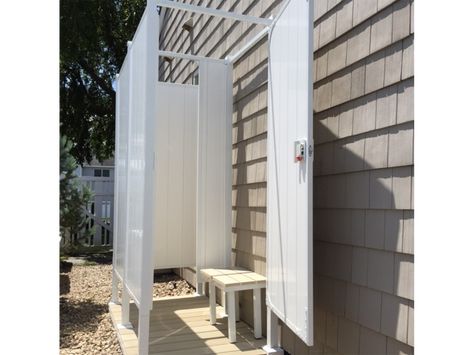 Outdoor Shower Kits: Double Shower Stall - https://www.outdoorshowers.net | https://www.outdoorshowers.net Beach House Outdoor Shower Ideas, Tiny Pool House, Outside Shower Ideas, Shower Solutions, Outdoor Changing Room, Tiny Pool, Outdoor Shower Beach, Outdoor Shower Kits, Pool Warehouse