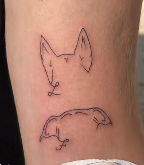 Maltese Ears Tattoo, Outline Dog Face Tattoo, Funny Animal Tattoos Simple, Personal Dog Tattoos, Pet Ear Tattoo, Two Dog Tattoo, Dog Ear Line Tattoo, Fine Line Dog Ear Tattoo, Lab Ears Tattoo