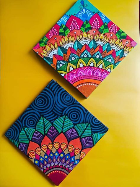 Simple Mandala Art Wall Painting, Mandala Art With Acrylic Paint, Small Canvas Mandala Art, Mini Canvas Mandala Art, Madhubani Art On Canvas, Square Mdf Board Painting Ideas, Mandala On Square Canvas, Watercolor And Acrylic Painting, Mandala Art Wall Painting