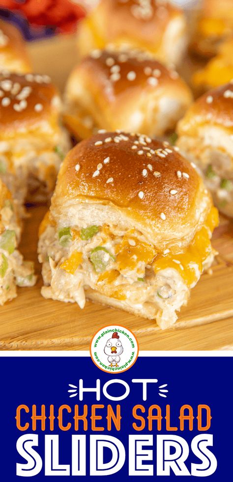 Hot Chicken Salad Sliders - my favorite chicken salad recipe and cheese sandwiched in Hawaiian rolls and topped with a sweet & savory glaze. Have mercy! Chicken, celery, Worcestershire sauce, mayonnaise, salt, pepper, Hawaiian rolls, butter, brown sugar, dijon mustard, and sesame seeds. Can assemble ahead of time and refrigerate until ready to bake. These easy baked chicken salad sandwiches that are great for parties, brunch, lunch, and dinner! #chickensalad #sandwich #sliders Baked Chicken Salad, Chicken Salad Sliders, Hot Chicken Salad, Warm Chicken Salad, Hot Salad, Chicken Celery, Hot Chicken Salads, Sandwich Sliders, Homemade Chicken Salads