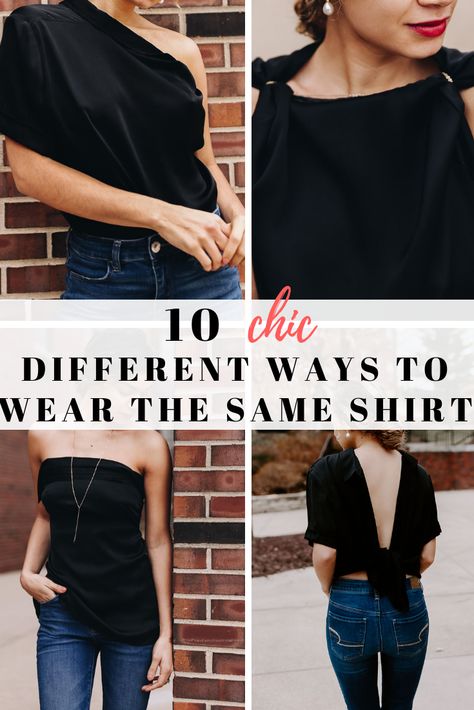 Here are different outfit ideas wearing the same silk top! How To Wear Shirt, T Shirt Hacks, Shirt Hacks, Dressy Shirts, Different Outfits, American Apparel, Fashion Sense, Evening Wear, Fashion Boutique