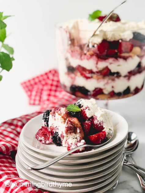 Easy Summer Berry Trifle - Hummingbird Thyme Berry Trifle, Trifle Dish, Mascarpone Cheese, Summer Berries, Fresh Berries, Confectioners Sugar, Easy Summer, Trifle, Thyme