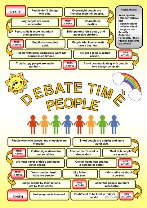 DEBATE - People - English ESL Worksheets for distance learning and physical classrooms Debate Topics For Adults, Debate Worksheet, Debate Activities, English Debate, Moral Development, Speaking Activities English, Speaking Cards, Debate Topics, Speaking Activity