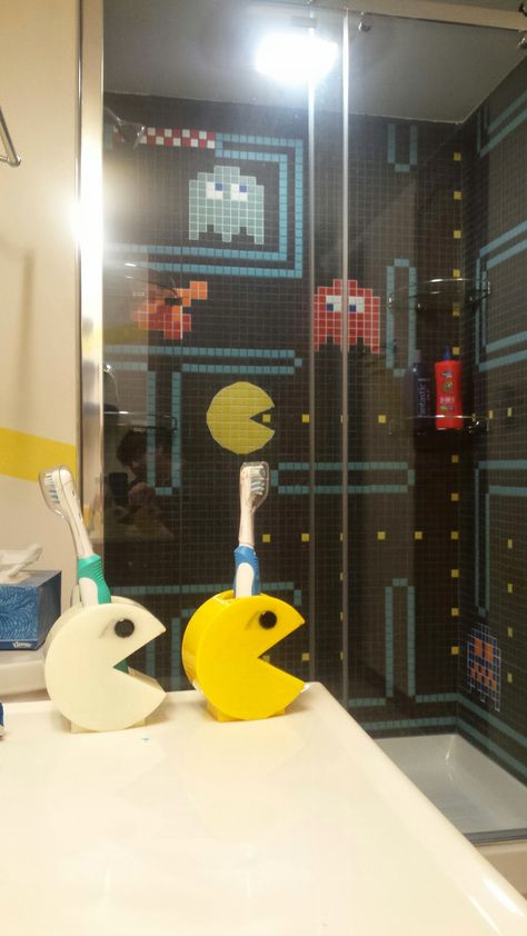 Finished PacMan Bathroom with matching 3D printed Toothbrush holders Man Bathroom, Powder Room Remodel, Coloring For Boys, New Bathroom Ideas, Toothbrush Holders, Bathroom Color, Basement Bathroom, Home Tech, Guest Bathroom