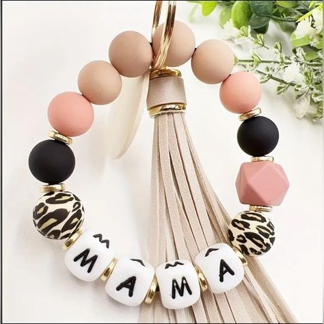 A Mama Silicone Bead Bracelet Women's Keychain Key Ring Silicone Bracelet Mother's Day Gift Keychain Ring Silicone Wristlet Keychain, Silicone Wristlet, Key Ring Bracelet, Diy Wire Jewelry Rings, Keychain Pink, Wire Jewelry Rings, Skull Keychain, Keychain Ring, Leather Key Case