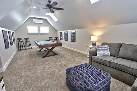 Bonus Room Media Room Ideas, Bonus Room Angled Ceilings, Room Hangout Ideas, Over The Garage Bonus Room Ideas, Attic Hangout Room Ideas, Farmhouse Bonus Room, Bonus Room Ideas Above Garage, Attic Hangout, Hangout Room Ideas