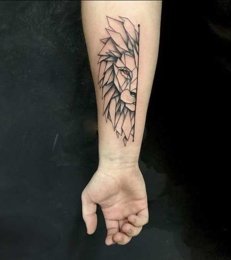 24 Small Lion Tattoo Designs and Ideas | PetPress Simple Lion Tattoo, Lion Arm Tattoo, Lion Shoulder Tattoo, Small Lion Tattoo, Geometric Lion Tattoo, Lion Tattoos, Mens Lion Tattoo, Geometric Lion, Lion Head Tattoos