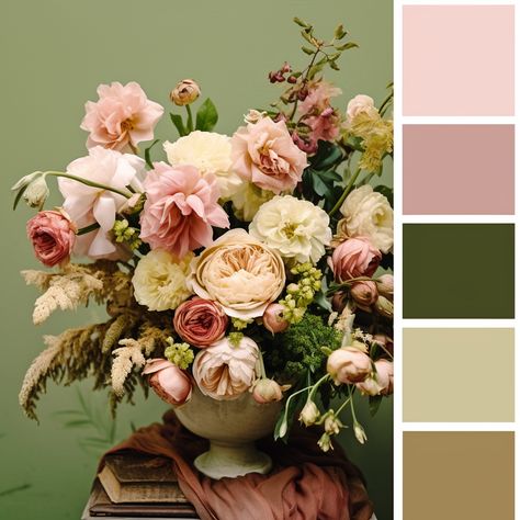 Color palette for design inspiration. Rosewater, blush pink, olive green, sand, camel. Bouquet of flowers as inspo Pink Color Palette Interior Design, Green Pink Wood Bedroom, Pink And Olive Green Bathroom, Mauve And Pink Color Palette, Olive And Blush Color Palette, Blush Pink Complimentary Colors, Dusty Rose And Olive Green Color Palette, Blush And Emerald Bedroom, Pink Gold Green Color Palettes