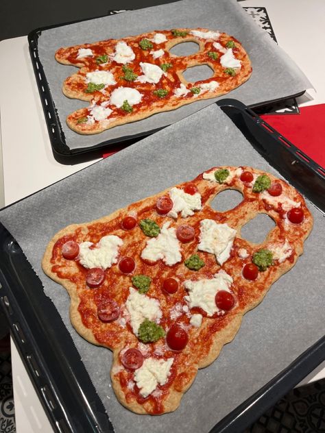 spooky season, halloween pizza idea, date night idea Halloween Shaped Pizza, Halloween Pizza Shapes, Pizza Date Night At Home, Spooky Pizza, October Meals, Shaped Pizza, Halloween Pizza, Pizza Shapes, Spooky Night