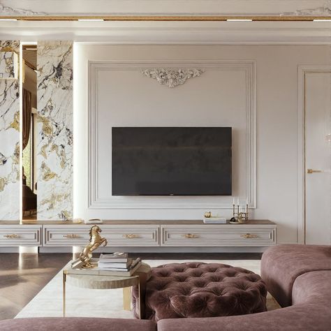 Neo Classical Tv Unit Design, Classical Tv Unit, Neo Classic Tv Wall Design, Arty Interior, Classic Tv Wall Design, Old English Interior Design, Neo Classical Bedroom, Classic Tv Wall, Classic Tv Unit