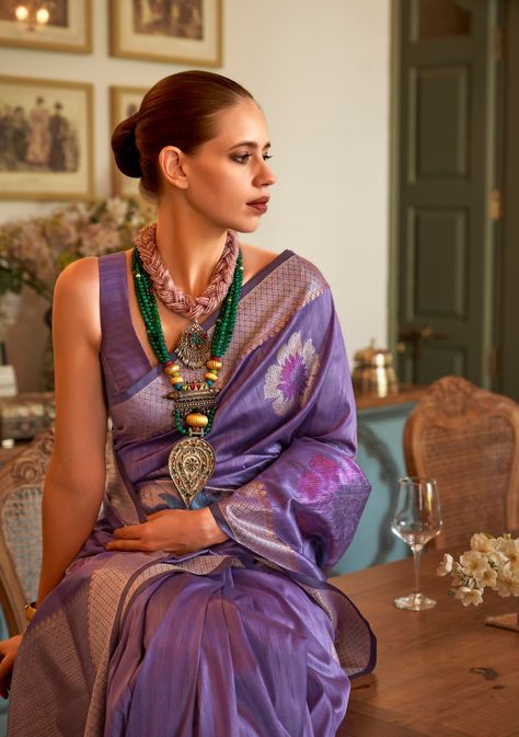 Buy Pure Silk Handloom Sarees Online, Designer Banarasi Saree | Ikkat – Sunasa Kalki Koechlin, Purple Saree, Saree Trends, Elegant Saree, Blouse Designs Latest, Purple Silk, Saree Look, Desi Fashion, Banarasi Sarees