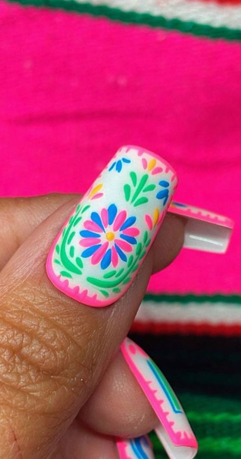 fiesta nails, fiesta inspired nails, mexican fiesta nails, fiesta nail designs, fiesta nail ideas, vibrant nails, summer nails, summer nail designs Fiesta Nail Art, Summer Accent Nail Ideas, Mexico Nail Art, Mexican Vacation Nails, Encanto Nails Designs, Spanish Nails Designs, Mexican Flower Nails, Fiesta Nails Designs, Mexico Nails Designs