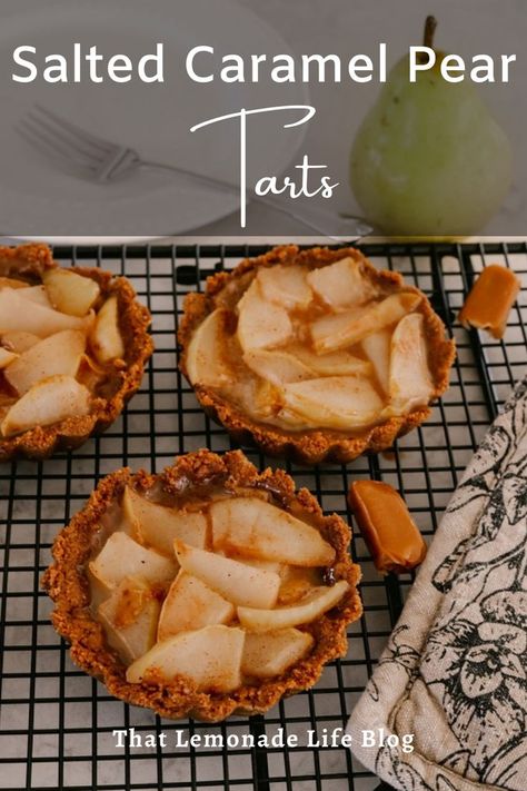 It's another Cozy Mystery Cooking Club recipe! We read Magic in Christmas River, where the main character is a pie baker. So I made these inspired salted caramel pear tarts with a biscoff cookie crust! Quintessential flavors of fall in these individual tarts! Caramel Pear Tart, Individual Tarts, Plums Recipes, Pear Filling, Pear Tarts, Pear Dessert Recipes, Caramel Pears, Pear Dessert, Plum Recipes