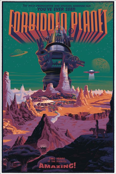 THE ART OF LAURENT DURIEUX (Part 2) Forbidden Planet Mondo Movie poster Mondo Posters, Science Fiction Movie Posters, Planet Poster, Film Vintage, Forbidden Planet, Classic Sci Fi, Sci Fi Films, Horror Movie Posters, Alternative Movie Posters