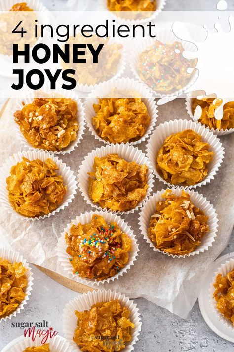 Nostalgic for many, Honey Joys are also the perfect fun party snack. Just 4 ingredients and 10 minutes effort, the sweet combination of honey and cornflakes is completely addictive. Honey joys (sometimes known as honey crackles) are a treat that every Australian grew up with (found often at birthday parties). Simply melt, mix then bake and they’re ready to go. So crunchy, sweet and chewy and just try to say no to a second one. Honey Crackles, Honey Joys, Cornflake Cake, Kids Foods, Honey Caramel, Sweet Treats Desserts, Cookie Recipes Homemade, Easy Chocolate Chip Cookies, Kids Cooking