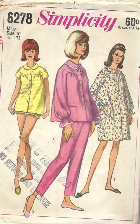 60s Nightgown and pajamas sewing pattern. Size 10 Bust 31 The pattern is cut and complete. The envelope has discoloration and faded store printing. All patterns are mailed in quality archival storage sleeves. Pajamas Sewing Pattern, Pajamas Sewing, Nightwear Fashion, Sew Patterns, Vintage Pajamas, Pajama Pattern, Baby Doll Pattern, Simplicity Sewing, Simplicity Sewing Patterns