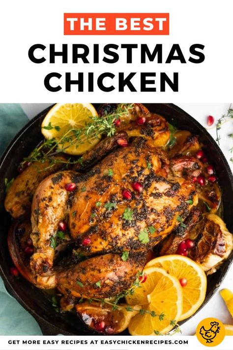 This Christmas chicken is slathered in herb butter and roasted on a bed of oranges, lemons, and garlic and then garnished with pomegranate seeds for tons of fa-la-la-la-flavor! Roasted Chicken For Christmas, Christmas Whole Chicken, Christmas Chicken Ideas, Whole Chicken Christmas Dinner, Xmas Chicken Recipe, Christmas Roast Chicken Recipes, Special Christmas Dinner Ideas, Christmas Roast Chicken, Thanksgiving Chicken Recipes