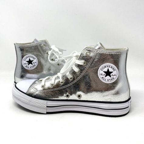 Silver Converse Outfit, Converse Socks, Silver Converse, Sparkly Converse, Converse Aesthetic, Leather Converse, Sparkly Outfits, Girls Converse, All Stars Converse