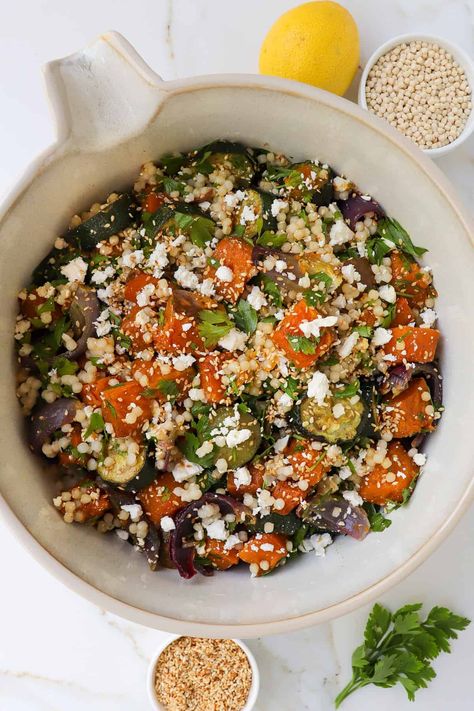 Roasted Pumpkin + Zucchini Couscous Salad – Goodness Avenue Zucchini Couscous, Healthy Whole Food Recipes, Eat More Fruit, Pumpkin Zucchini, Couscous Salad Recipes, Halloumi Salad, Pumpkin Salad, Roasted Apples, Zucchini Salad