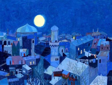 Painting Moon, Night Illustration, Art Night, Moonlit Night, Blue Wall Decor, Red Wall Art, Moon Art Print, Moon Poster, City Illustration