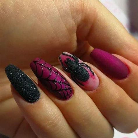 spider web purple black acrylic coffin shaped nails 3d Halloween Nail Art, Spider Nails Art Halloween, Halloween Witch Nails Design, Witch Halloween Nails, Spider Halloween Nails, Halloween Witch Nails, Elegant Halloween Nails, Halloween Spider Nails, Spider Nails