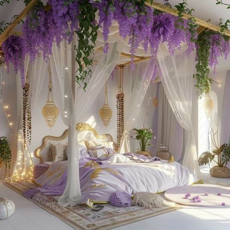 Cherry Blossom Canopy Bed, Garden Style Bedroom, Wisteria Bed Canopy, Canopy Bed Flowers, Goddess Room Decor, Floral Ceiling Bedroom, Wisteria Ceiling Bedroom, Cute Home Aesthetic, Flower Bedroom Ideas