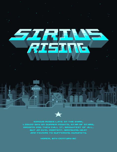 SIRIUS RISINGLogo and environment for the title screen of a game I’ve started working on. Art shown at 200 percent. 8 Bit Game Design, 8 Bit Poster Design, 8bit Graphic Design, Game Title Design, Pixel Art Title Screen, Pixel Sci Fi, Pixel Game Start Screen, 8 Bit Pixel Art, Title Screen