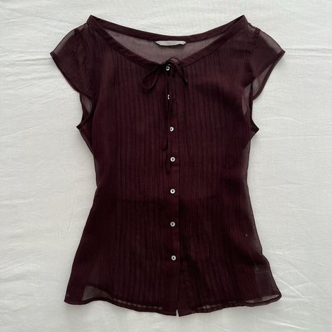 ୨ vintage wrap burgundy brown blouse ୧‬ ╴ ╴ ╴ ╴❀ ╴... - Depop Brown Aesthetic Clothing, Classy Shirts, Parisian Chic Outfits, Y2k Blouse, Blouse Y2k, Vintage Blouses, Fitted Blouse, Dark Coquette, Burgundy Blouse