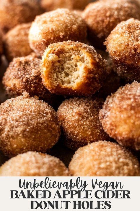 These ridiculously moist baked vegan apple cider donut holes are cakey and perfectly spiced with rich apple cider flavor thanks to the apple cider reduction. Made in one bowl, and you don't even need a donut hole pan! A taste of the apple orchard in the comfort of your own home- and the perfect quick and easy fall treat! Vegan Apple Cider Muffins, Donut Hole Pan, Apple Cider Reduction, Apple Cider Donut Holes, Vegan Apple Cider, Apple Cider Muffins, Apple Cider Cookies, Banana Diaries, Apple Cider Donuts Baked