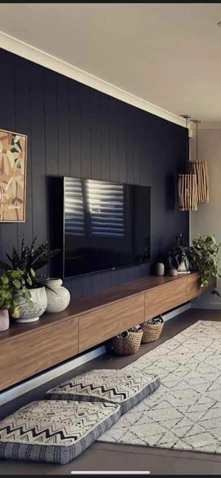 Dark Wall Tv Living Room, Entertainment Wall Living Room, Tv Wall With Shelf, Textured Tv Wall Ideas, Wood Panel Wall Behind Tv, Living Room Tv Wall Ideas With Fireplace, Navy Tv Wall, Tv On The Wall Ideas Living Room, Fireplace On Flat Wall