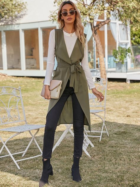 Waterfall Collar Double Pocket Belted Vest Coat I discovered amazing products on SHEIN.com, come check them out! Collar Outfits, Vest Coat, Pocket Belt, Style Ideas, Amazing Products, Wrap Dress, Outfit Ideas, Cute Outfits, Collar