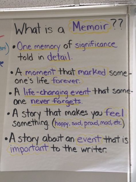 What is a memoir? Anchor chart, writers workshop, ELA, narrative writing, memoirs, 5th grade Memoir Anchor Chart, Narrative Writing Anchor Chart 4th, Memoir Writing Middle School, Narrative Writing Middle School, Writing Memoirs, Narrative Writing Hooks Anchor Chart, Graphic Memoir, Memoir Ideas, Writers Workshop Anchor Charts