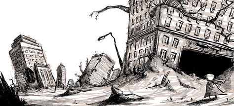 Abandoned City Drawing, Destroyed City Drawing, City Drawing Easy, Ruins Drawing, Zombie City, Kota Masa Depan, Destroyed City, City Ruins, Town Drawing