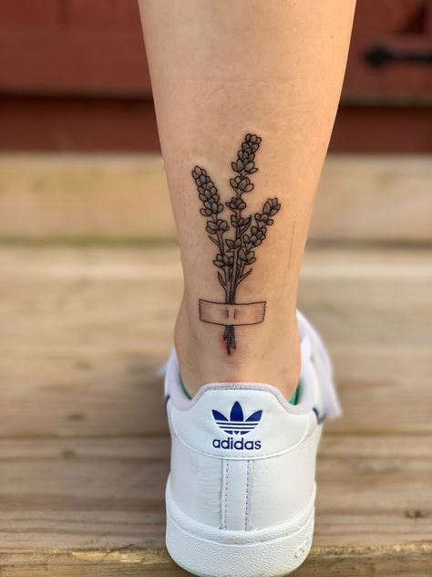 Ankle Plant Tattoo, Achilles Tendon Tattoo, Simple Foot Tattoo, Lavender Tattoos, Shoe Tattoos, Cow Tattoo, Tattoo Spots, Lavender Tattoo, Plant Tattoo