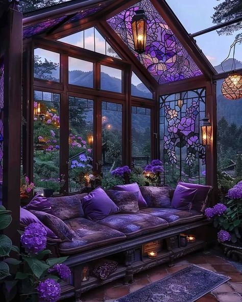 Glass Green House, Purple Furniture, Purple Rooms, Purple Home, Fantasy House, Dream Room Inspiration, Dream House Interior, Gothic House, Landscape Ideas