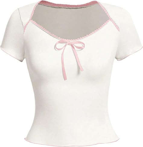 Women Cute Bow Front Baby Tees Short Sleeve Square Neck Basic Fitted T Shirt Y2K Aesthetic Coquette Going Out Tops : Amazon.co.uk: Fashion Fits Aesthetic, Basic Fits, Going Out Tops, Short Sleeve Cropped Top, Inspiration Mode, Dream Clothes, White Casual, Plus Size T Shirts, Cute Tops