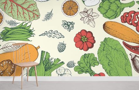 Mural Dining Room, Vegetable Wallpaper, Vegetables Wallpaper, Flip Image, Wallpaper Uk, Dining Room Wallpaper, Retro Living Rooms, Room Vibes, Fruit Wallpaper