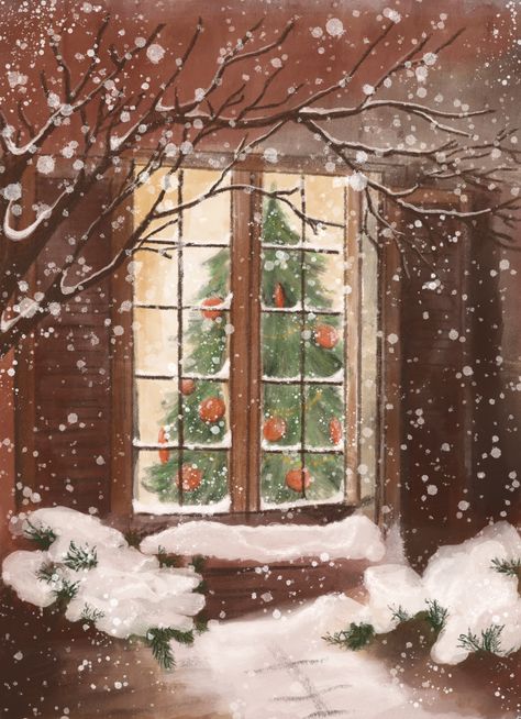 Cozy Christmas Painting, Japan Illustration, Through A Window, Winter Illustration, Christmas Illustrations, 12 December, Winter Wallpaper, Christmas Drawing, Winter Pictures