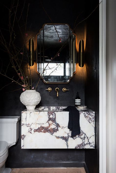 Interior Design With Raw Beauty And Soul - Decoholic Moody Powder Room, Marble Bathroom Sink, Moody Bathroom, Powder Room Sink, Powder Bathroom, Camino Real, Washroom Design, Floor Bathroom, Powder Room Design