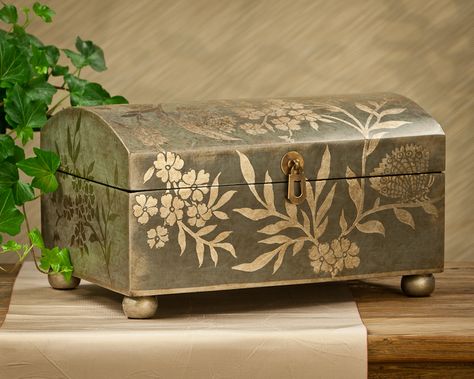 Teal & Silver Leaf Lidded Box - Decorative Accessories - Seasons Gifts and Home Painted Trunk, Painted Wooden Boxes, Fancy Boxes, Decoupage Diy, Decoupage Box, Decoupage Art, Altered Boxes, Painted Jewelry, Kitchen Cupboard