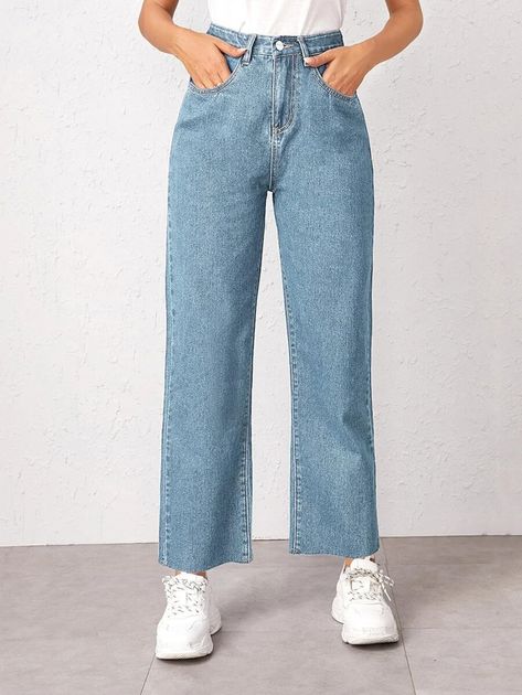 Bleach Wash High-Rise Baggy Jeans | SHEIN USA Denim Jacket And Jeans, Rok Mini, Coran Islam, Jeans With Heels, Bleach Wash, Jeans Online, Jeans Boyfriend, Light Wash Denim, Trendy Fashion Women