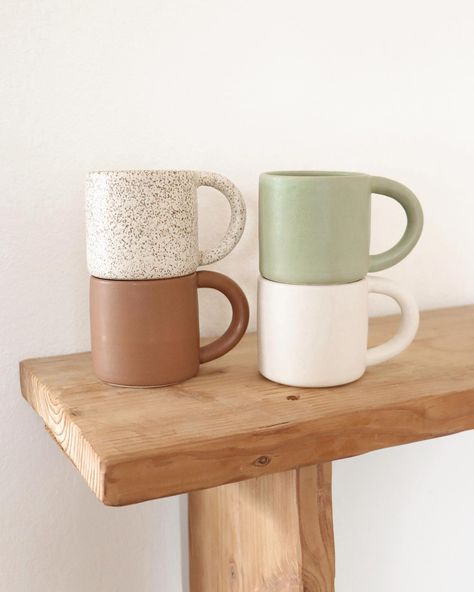 All 4 finishes in my collection so far… ‘Pebble’, ‘Avocado’, ‘Terracotta’, and ‘Oat’. Mugs in all 4 color-ways are currently available! Hoping by the end of the month I will have 2 more colors to add to this stack 🌸💧 Terracotta Mug, Terracotta Mugs, Aesthetic Mugs, Color Ways, Coffee Corner, My Collection, House Plan, Oats, The End