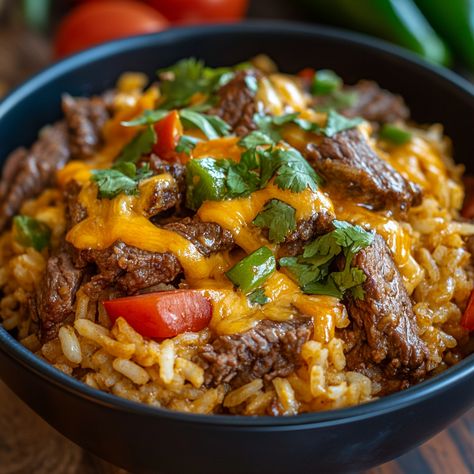 Steak & Queso Rice: A Bold and Comforting Dish Steak And Rice Bowl, Queso Rice, Steak Bowls, Steak And Rice, Creamy Chicken Soup, Chicken Pasta Bake, Yellow Rice, Long Grain Rice, Juicy Steak