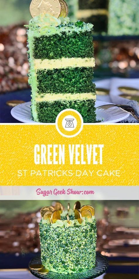 This St. Patrick's Day cake is made with a delicious green velvet cake and swiss meringue buttercream. My favorite part is the green sprinkles and the gold coins on top! The perfect, easy St. Patrick's Day cake idea! Green Sprinkle Cake, St Patricks Day Cake, Green Velvet Cake, Rainbow Foods, St Patricks Day Cakes, Velvet Cakes, Sugar Geek, Elopement Party, Spring Food