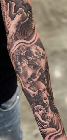 Angel Tattoo Realism, Natur Tattoo Arm, Angle Tattoo, Pegasus Tattoo, Arm Tattoos For Guys Forearm, Real Tattoos, Avatar Tattoo, Half Sleeve Tattoos Drawings, Realistic Tattoo Sleeve